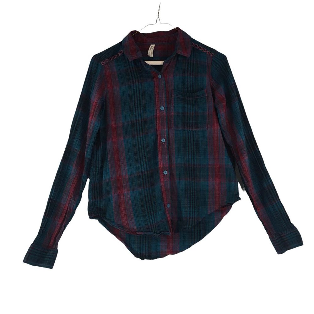 Mudd Womens Black Blue Pink Plaid Button Front Shirt, Top Blouse, XS